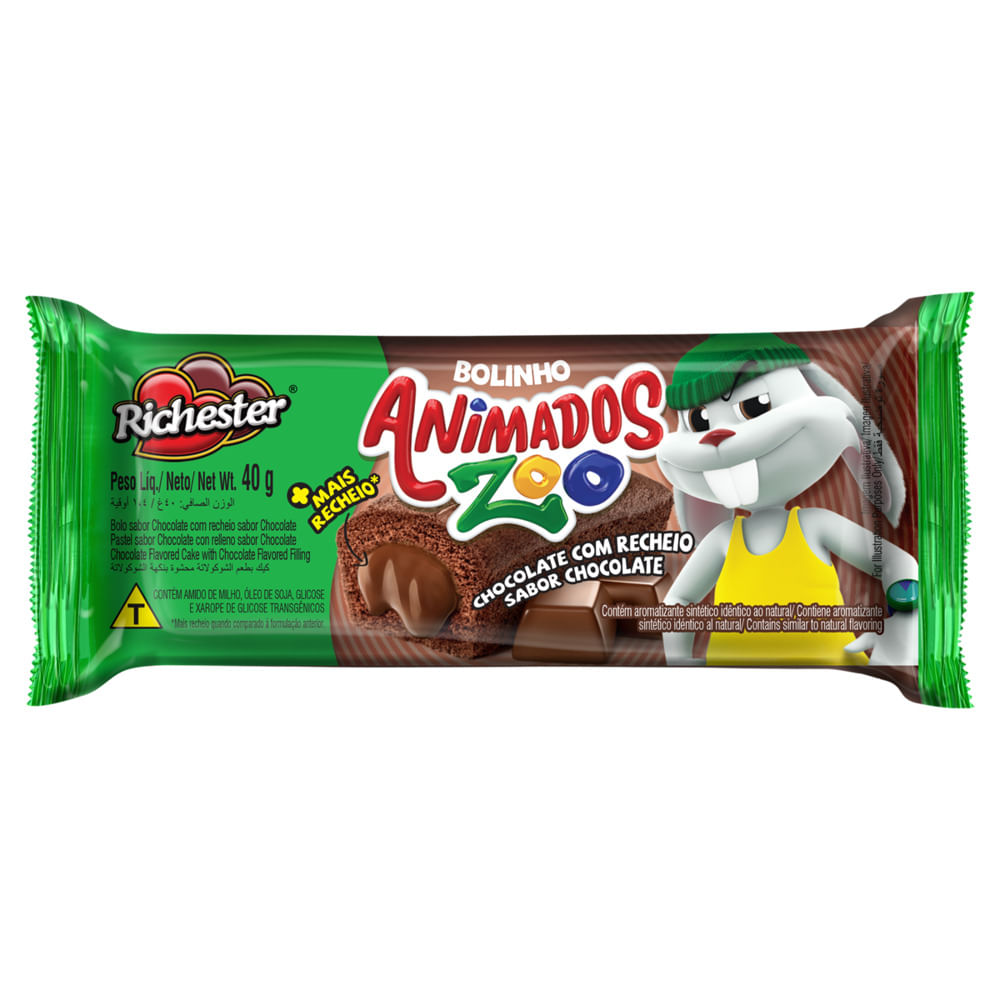 Bolinho Richester Animados Zoo Chocolate Recheio Chocolate Pacote 40g, Mini