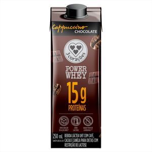 Bebida Láctea UHT 3 Corações Power Whey Zero Lactose 15g Proteína Cappuccino Chocolate Caixa 250ml