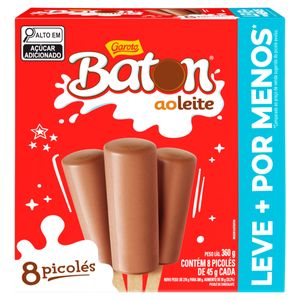 Picolé Baton ao Leite Garoto Caixa 360g c/ 8 Unid de 45g Cada Leve + Pague -