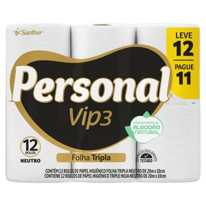 Papel Higiênico Personal Vip3 Neutro Folha Tripla 20M Leve 12 Pague 11Unid